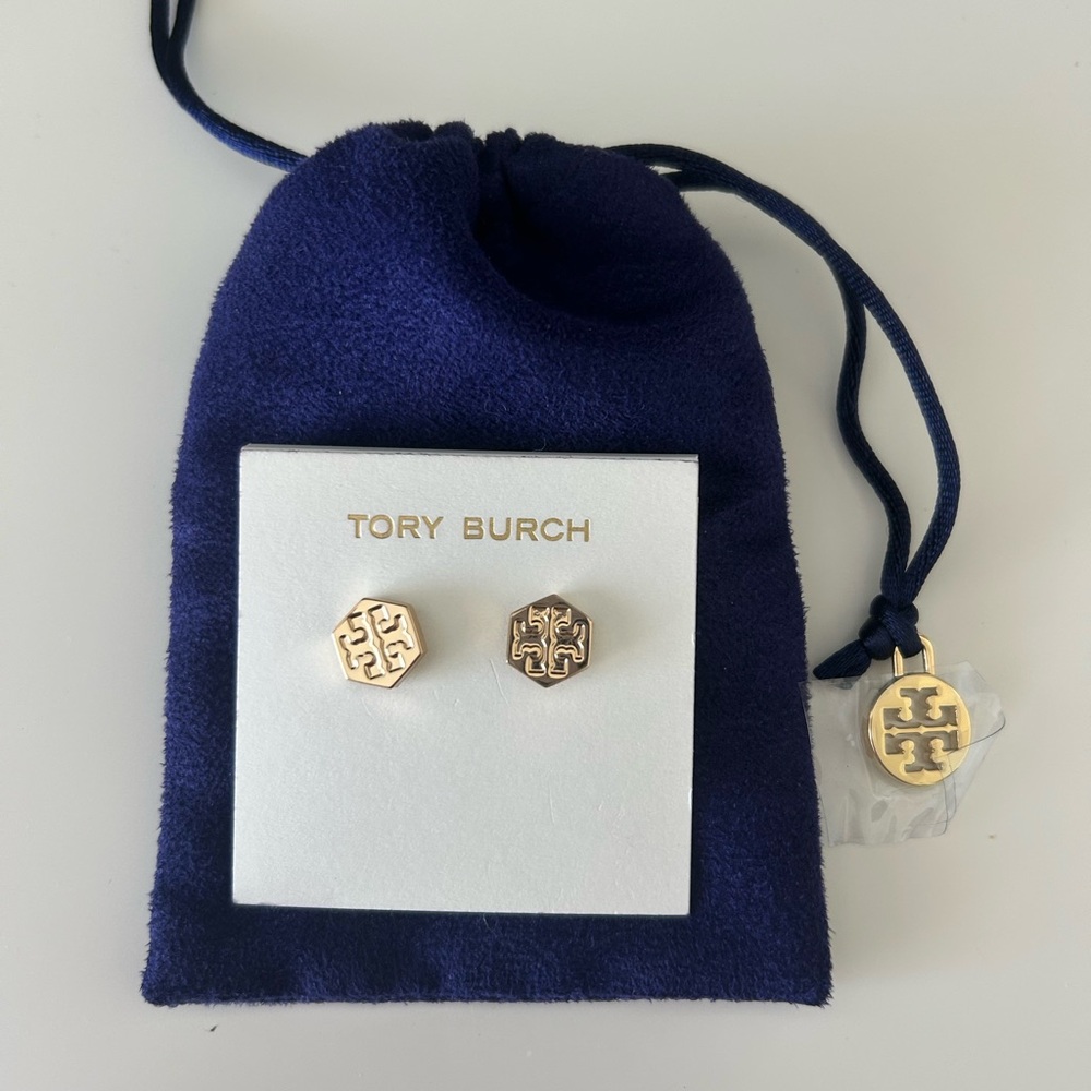 Tory Burch Hexagon Logo Gold Stud Earrings